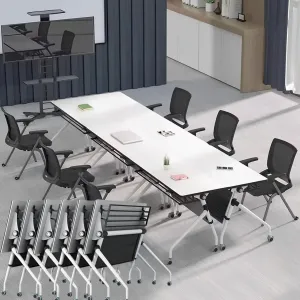 8pcs Modern White Office Conference Table,70.8Lx21.6Wx29.5H Inches Large Rectangle Meeting Table for 8-16 People,Folding Conferece Room Tables,Mobile Training Table Durable Seminar Boardroom Tables