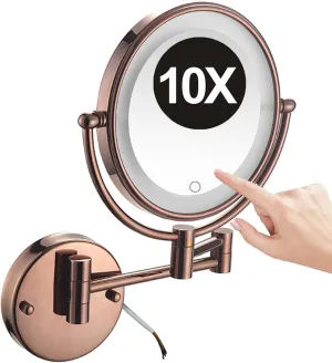 8" Hard Wired LED Lighted Makeup Mirror with Touch Screen Dimmable, Wall Mounted 2-Sided Rotatable 1X/10X Magnifying Cosmetic Beauty Mirror, Hotel HD Shaving Mirror,Rose Gold,1Color