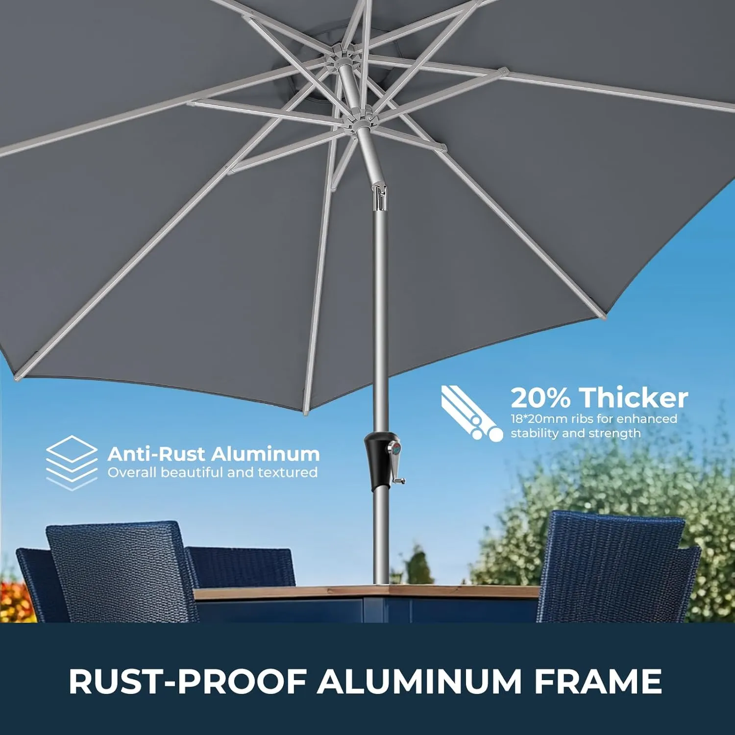 9ft Outdoor Patio Umbrella - Market Table Aluminum Umbrella, 5-Year Fade Resistant - UPF50  UV Protection with Push Button Tilt, Crank for Pool Deck and Garden (Dark Grey)