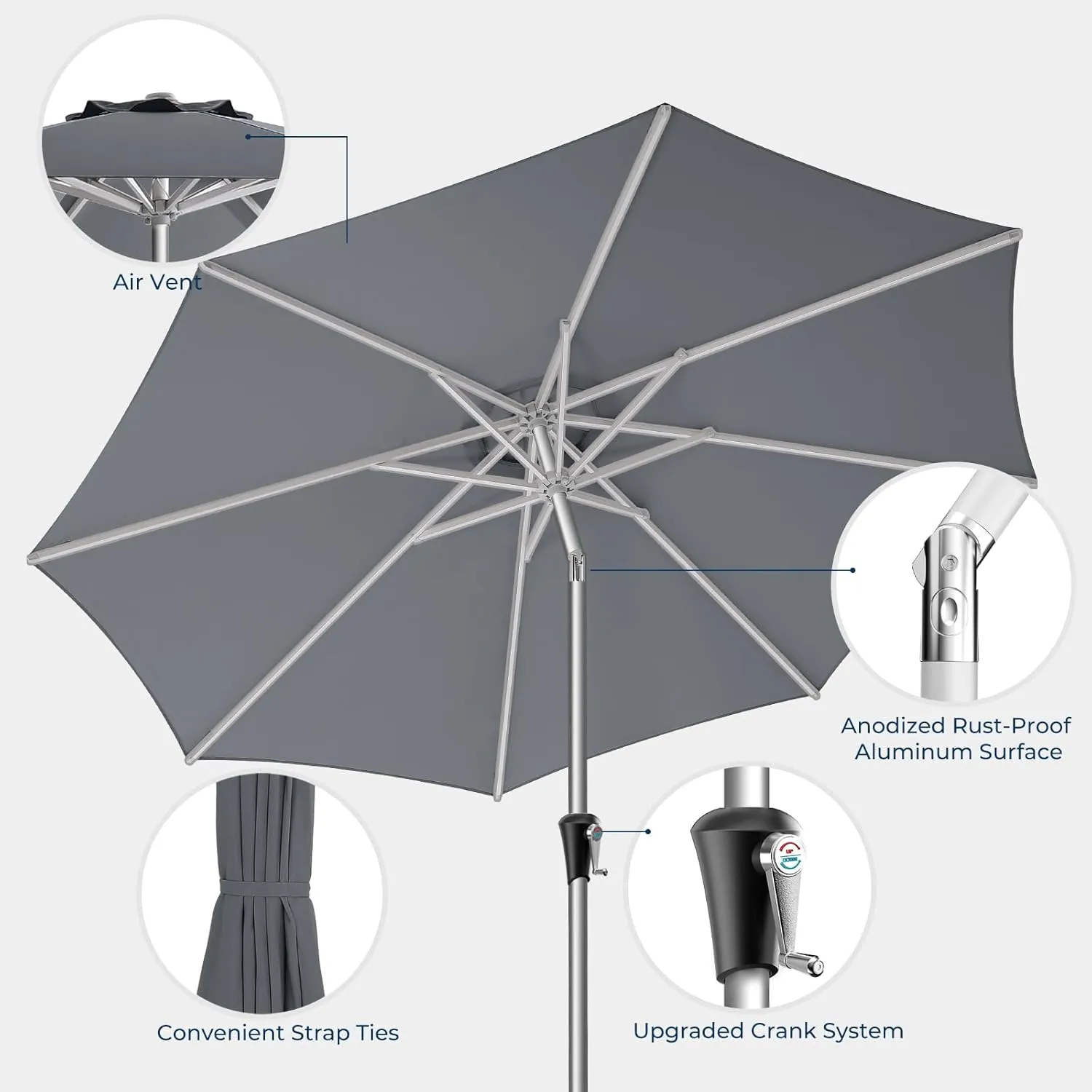 9ft Outdoor Patio Umbrella - Market Table Aluminum Umbrella, 5-Year Fade Resistant - UPF50  UV Protection with Push Button Tilt, Crank for Pool Deck and Garden (Dark Grey)