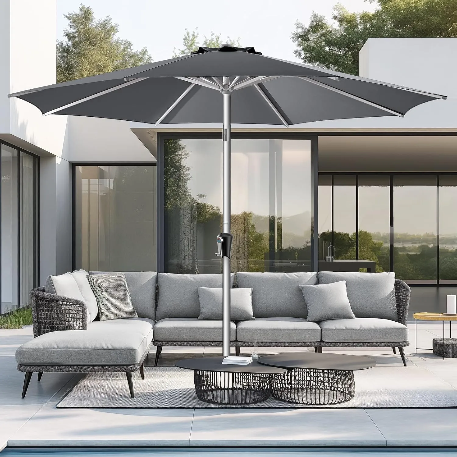 9ft Outdoor Patio Umbrella - Market Table Aluminum Umbrella, 5-Year Fade Resistant - UPF50  UV Protection with Push Button Tilt, Crank for Pool Deck and Garden (Dark Grey)