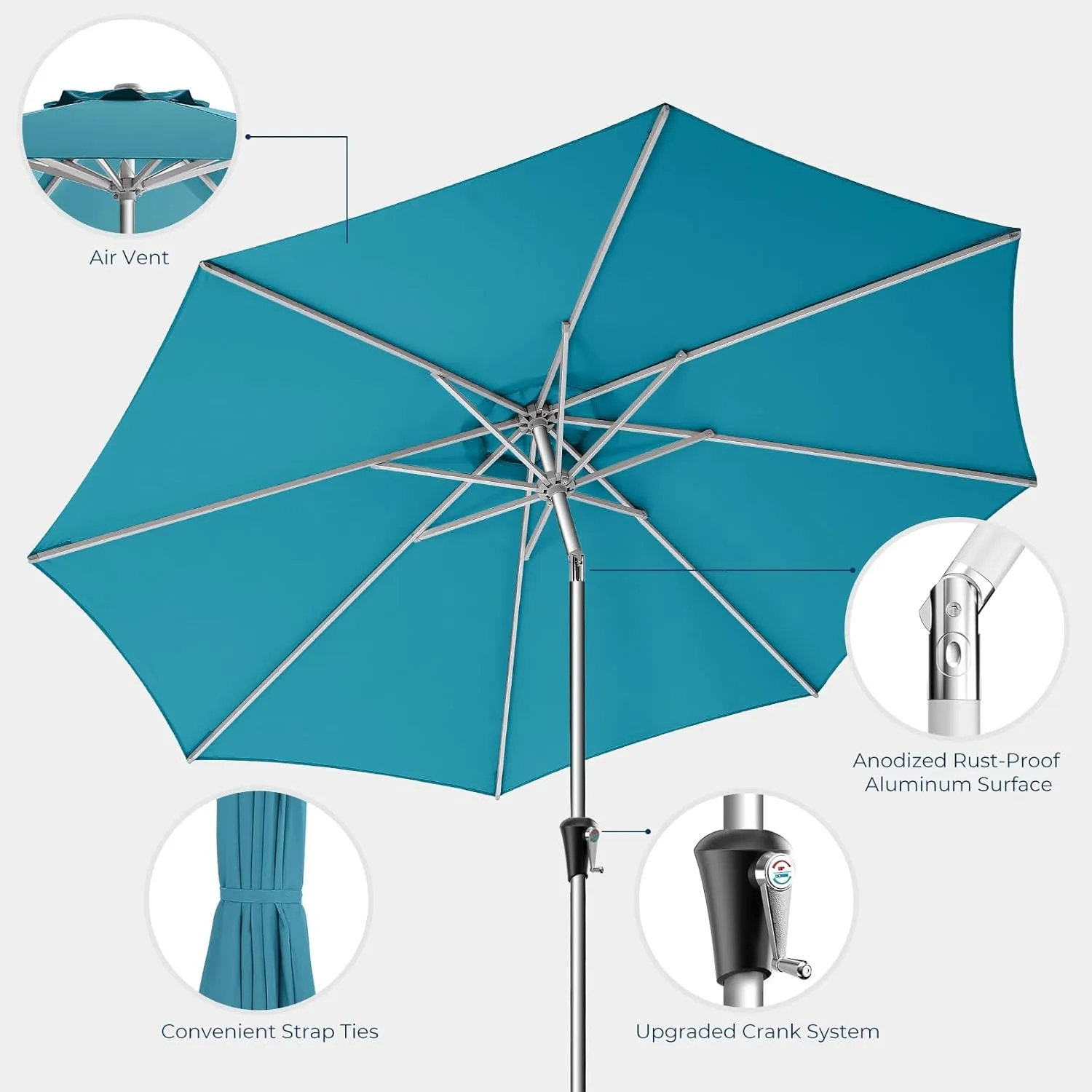 9ft Outdoor Patio Umbrella - Market Table Aluminum Umbrella, 5-Year Fade Resistant - UPF50  UV Protection with Push Button Tilt, Crank for Pool Deck and Garden (Light Blue)