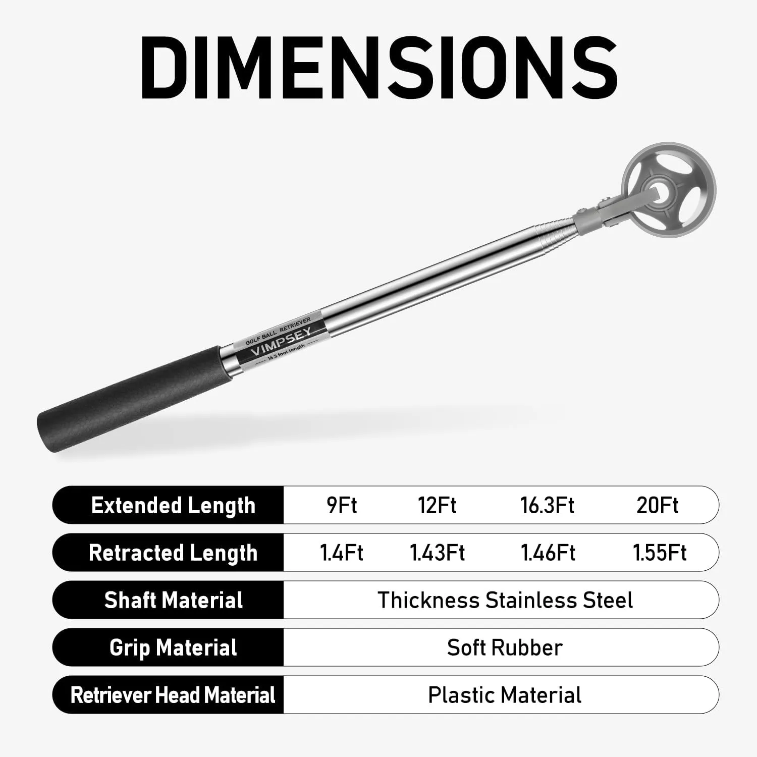 9Ft/12Ft/16.3Ft/20Ft Golf Ball Retriever for Water Telescopic, Stainless Steel Ball Retriever Tool Golf Ball Grabber