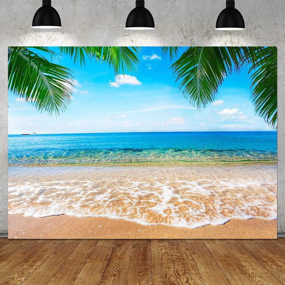 9x6FT Seaside Sand Beach Sea Wave Background Photography Blue Sky Palms Leaf Kids Birthday Party Backdrop Travel Vacation Hawaiian Photo Shoot Studio Props Polyester