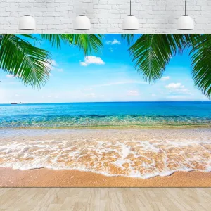 9x6FT Seaside Sand Beach Sea Wave Background Photography Blue Sky Palms Leaf Kids Birthday Party Backdrop Travel Vacation Hawaiian Photo Shoot Studio Props Polyester