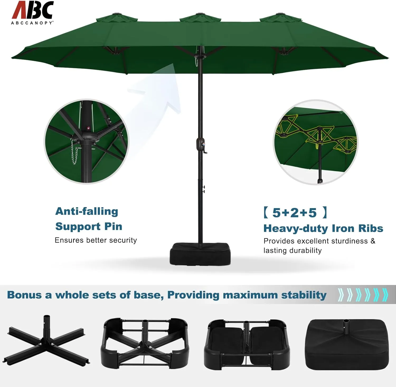 ABCCANOPY 15FT Double-Sided Aluminum Table Patio Umbrella Garden Large Umbrella,Swimming Pool, Green