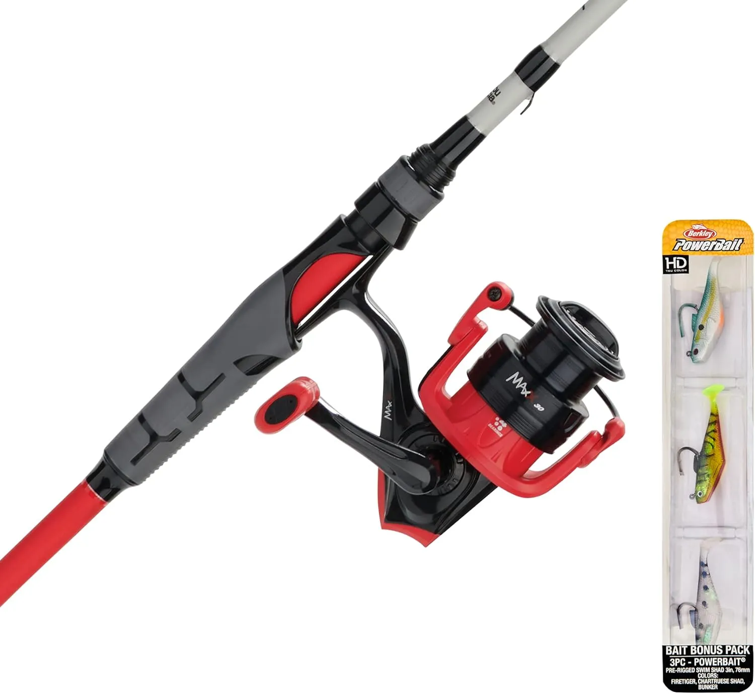 Abu Garcia Max X Spinng Reel and Fishing Rod Combo with Berkley PowerBait Swim Shad Soft Bait Clam, Red, 6'6" - Medium - 1pc