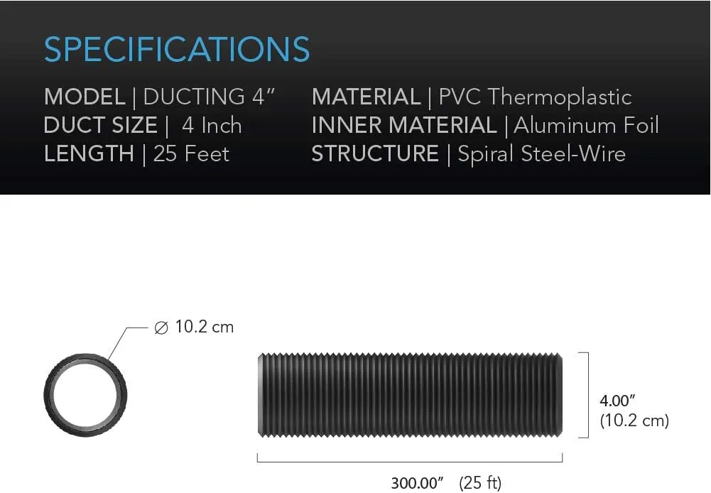 AC Infinity Flexible 4-Inch Aluminum Ducting, Heavy-Duty Four-Layer Protection, 25-Feet Long for Heating Cooling Ventilation and Exhaust