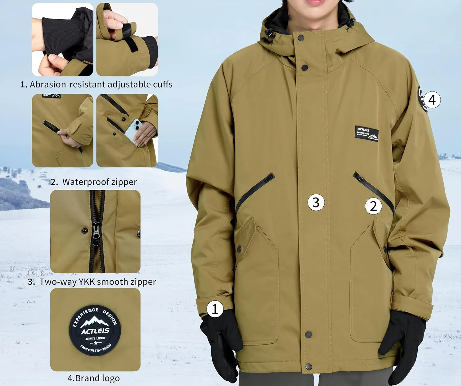 Actleis Men's Waterproof Snowboarding Jacket Winter Warm Windproof Ski Snow Coat With Hood