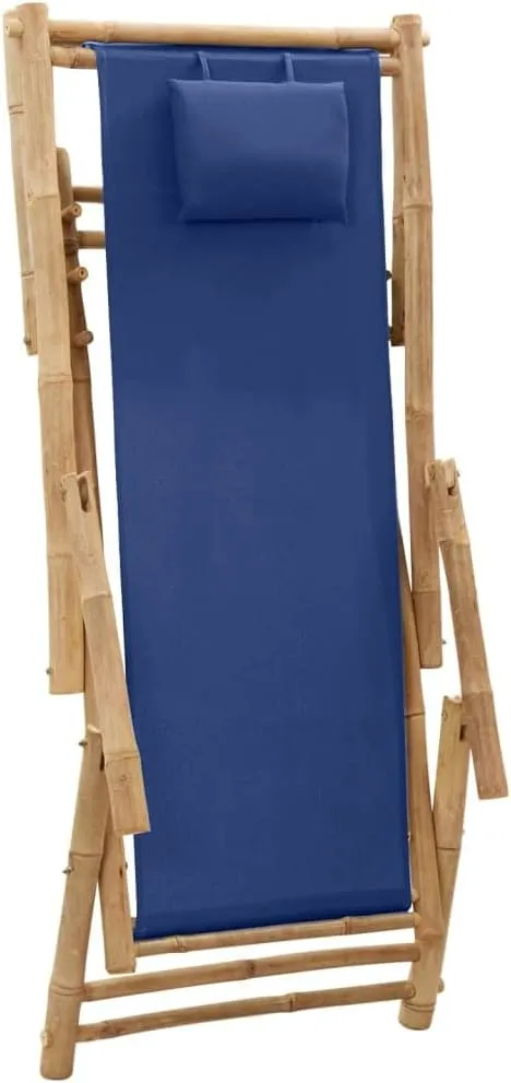 Adjustable Bamboo Deck Chair with Navy Blue Canvas, Foldable Outdoor Lounge Chair for Patio, Beach, Pool, and Garden, 3-Position Reclining Chaise Lounge Furniture