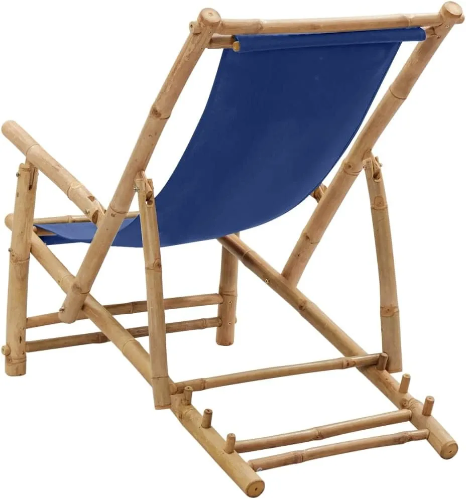 Adjustable Bamboo Deck Chair with Navy Blue Canvas, Foldable Outdoor Lounge Chair for Patio, Beach, Pool, and Garden, 3-Position Reclining Chaise Lounge Furniture