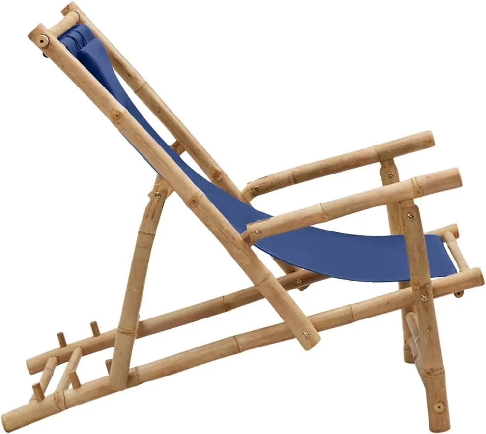 Adjustable Bamboo Deck Chair with Navy Blue Canvas, Foldable Outdoor Lounge Chair for Patio, Beach, Pool, and Garden, 3-Position Reclining Chaise Lounge Furniture