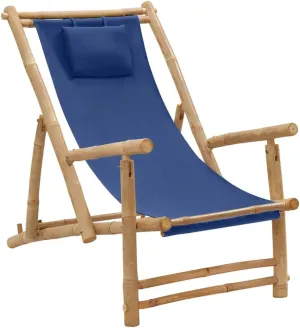 Adjustable Bamboo Deck Chair with Navy Blue Canvas, Foldable Outdoor Lounge Chair for Patio, Beach, Pool, and Garden, 3-Position Reclining Chaise Lounge Furniture