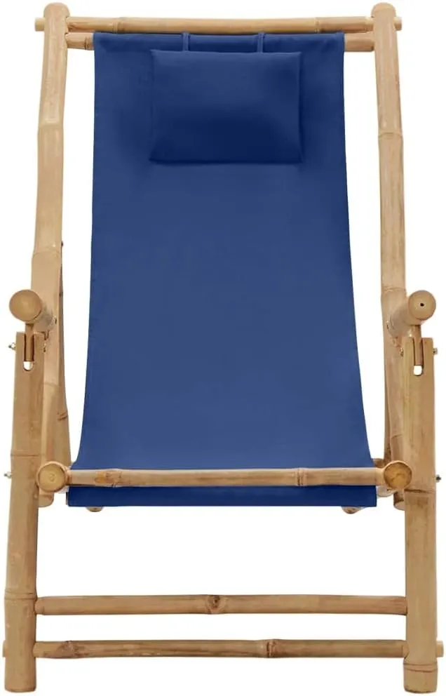 Adjustable Bamboo Deck Chair with Navy Blue Canvas, Foldable Outdoor Lounge Chair for Patio, Beach, Pool, and Garden, 3-Position Reclining Chaise Lounge Furniture