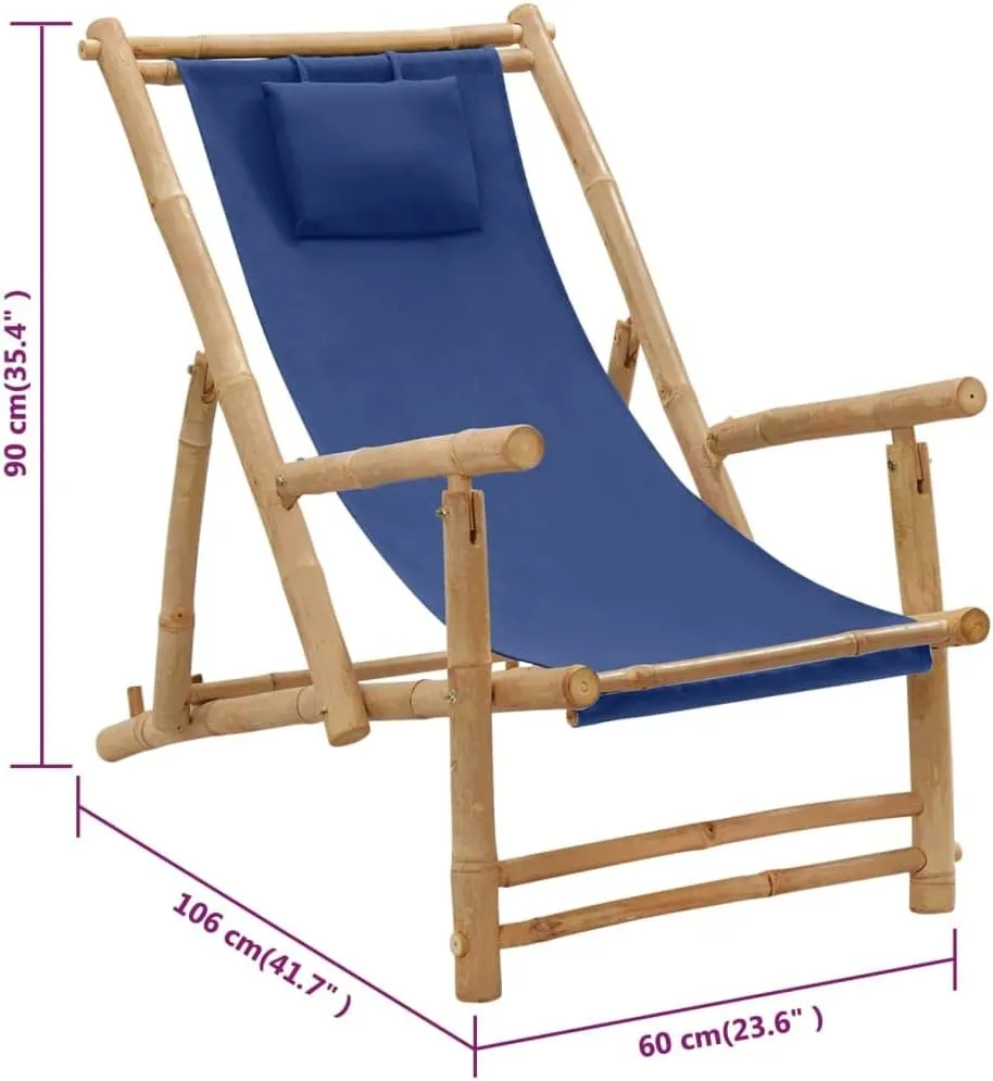 Adjustable Bamboo Deck Chair with Navy Blue Canvas, Foldable Outdoor Lounge Chair for Patio, Beach, Pool, and Garden, 3-Position Reclining Chaise Lounge Furniture