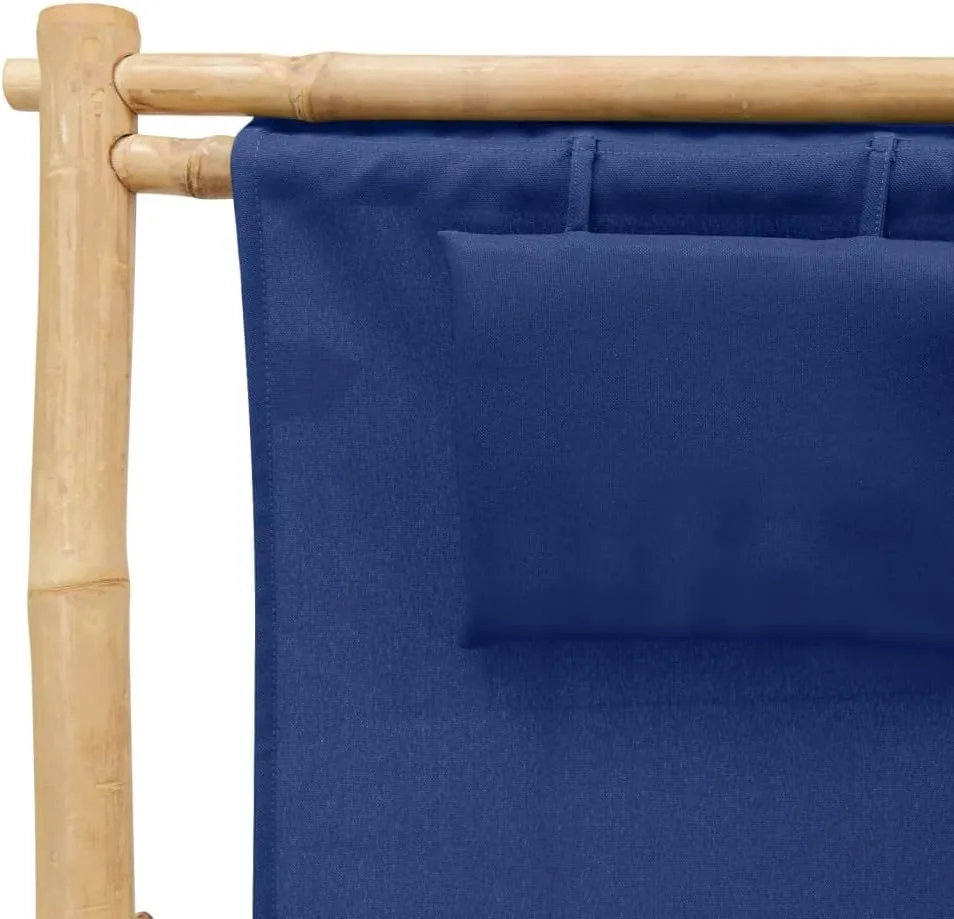 Adjustable Bamboo Deck Chair with Navy Blue Canvas, Foldable Outdoor Lounge Chair for Patio, Beach, Pool, and Garden, 3-Position Reclining Chaise Lounge Furniture