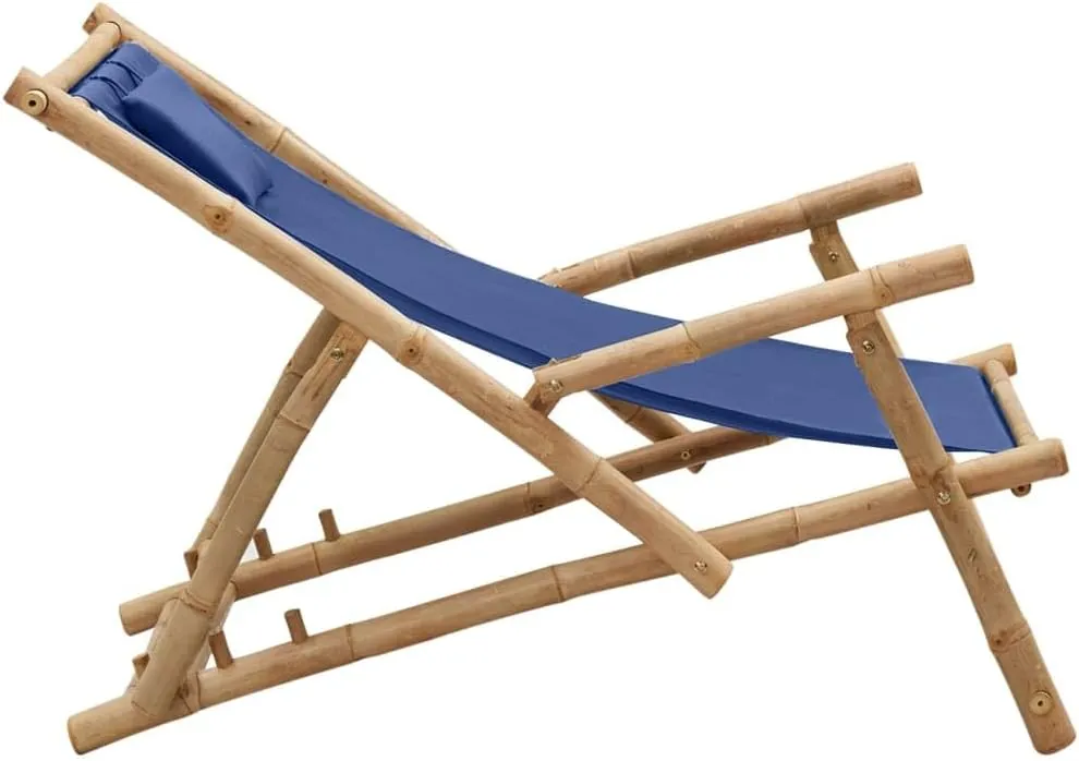 Adjustable Bamboo Deck Chair with Navy Blue Canvas, Foldable Outdoor Lounge Chair for Patio, Beach, Pool, and Garden, 3-Position Reclining Chaise Lounge Furniture
