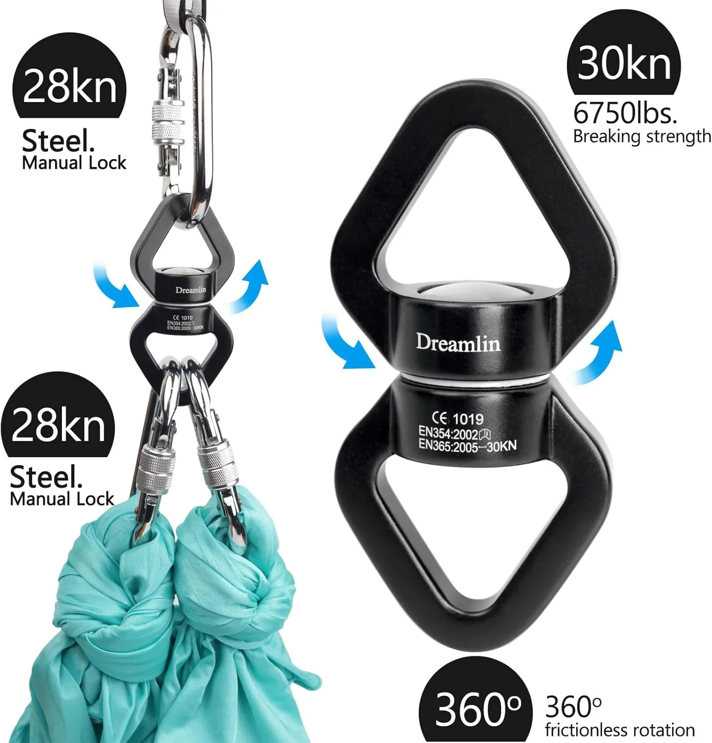 Aerial Silks Hardware Kit 30 KN Swing Swivel Aerial Yoga Hammock Rigging Aluminum Swivel Aerial Hoop Lyra Rotational Device Hanging Accessory