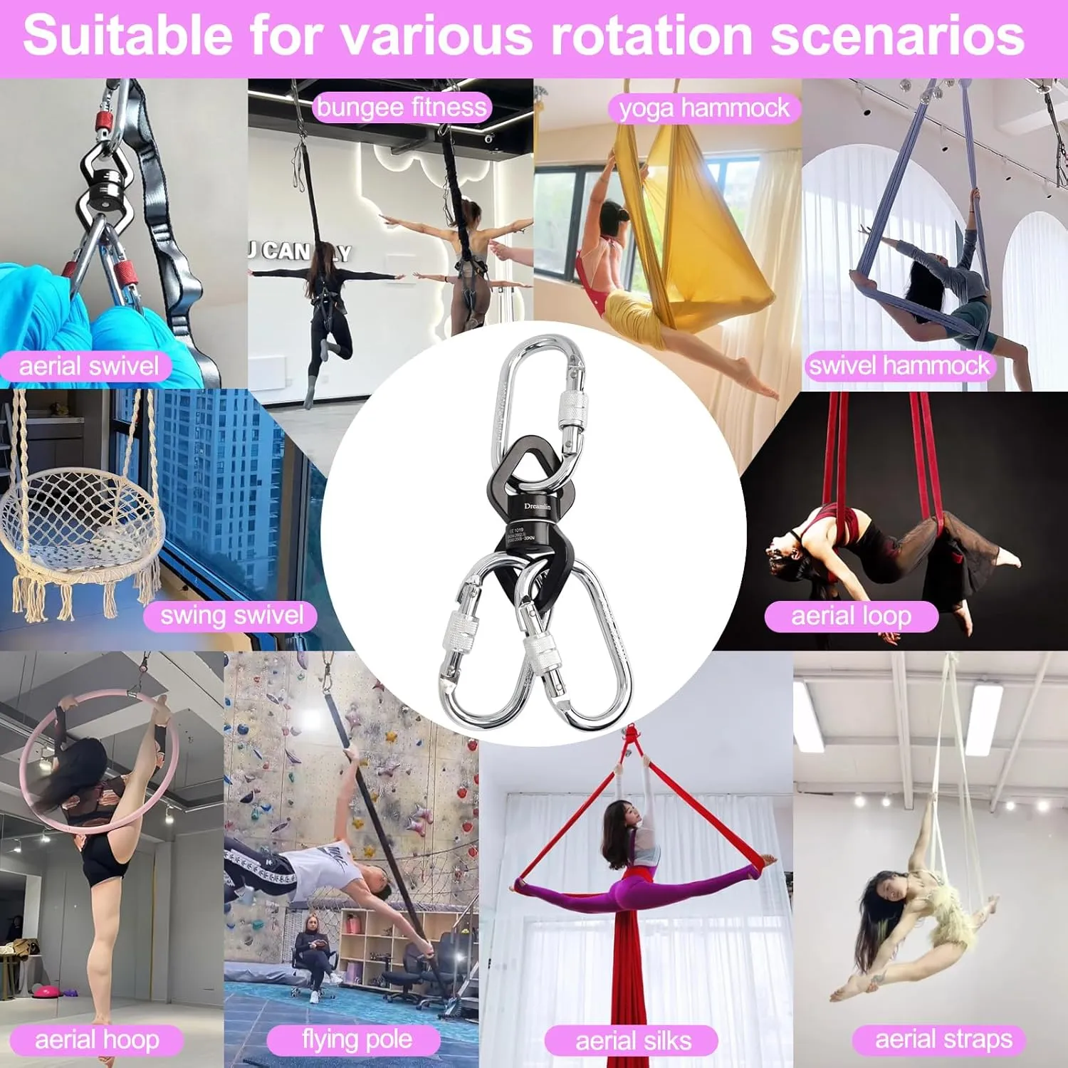 Aerial Silks Hardware Kit 30 KN Swing Swivel Aerial Yoga Hammock Rigging Aluminum Swivel Aerial Hoop Lyra Rotational Device Hanging Accessory