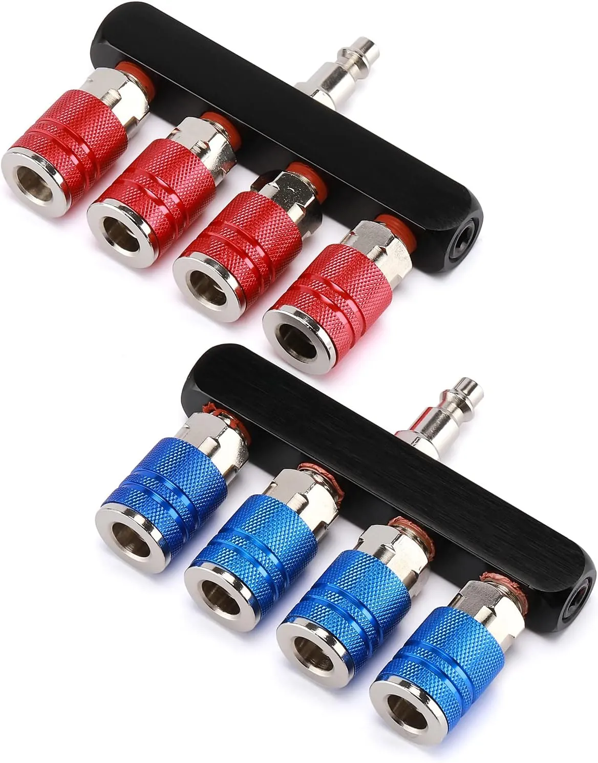 AIRTOON 2PCS 4-Way Straight Air Manifold Splitter, Line Type Air Compressor Splitter with 4 Couplers and 1/4" MNPT Plug,1/4 Inch NPT Air Fittings, Red and Blue