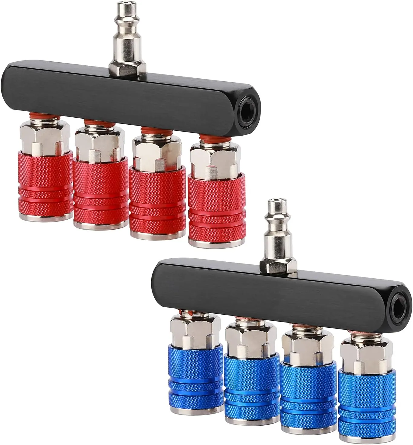 AIRTOON 2PCS 4-Way Straight Air Manifold Splitter, Line Type Air Compressor Splitter with 4 Couplers and 1/4" MNPT Plug,1/4 Inch NPT Air Fittings, Red and Blue