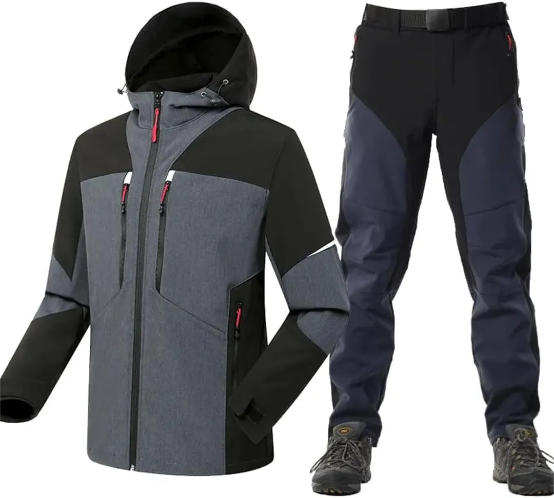 Alloaone Men Winter Camping Hiking Tracksuit Climbing Skiing Suit Waterproof Softshell Warm Outdoor Jackets Pants