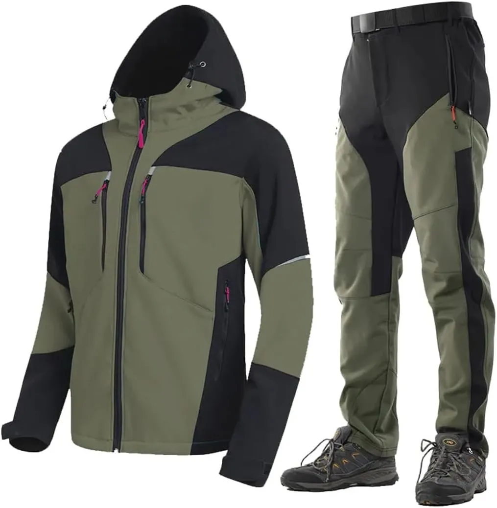 Alloaone Men Winter Camping Hiking Tracksuit Climbing Skiing Suit Waterproof Softshell Warm Outdoor Jackets Pants