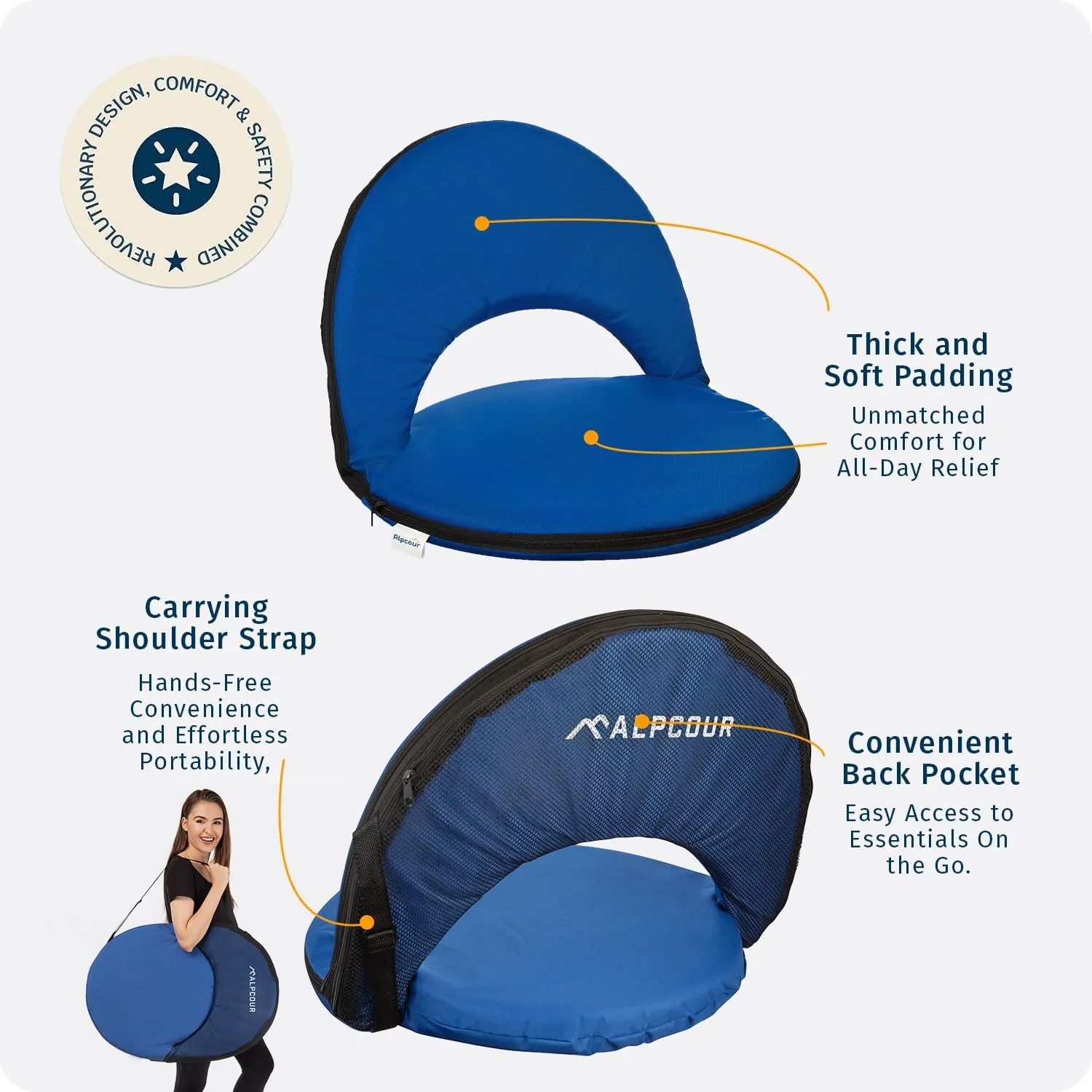 Alpcour Folding Stadium Seat – Deluxe Outdoor Camping Reclining Waterproof Cushion Chair for Bleachers – Best 6-Position Back Support Picnic Bleacher Seats w/Extra Thick Padding for Support & Comfort