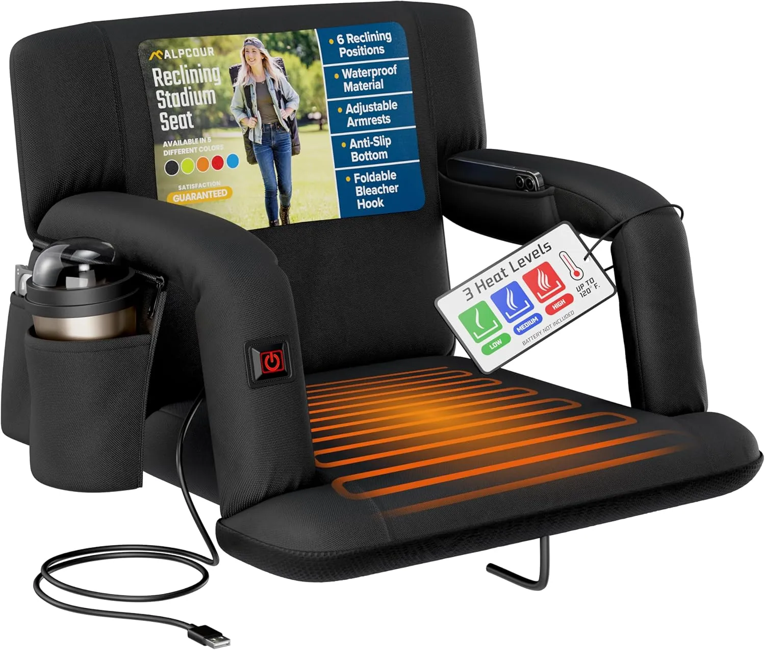 Alpcour Heated Reclining Stadium Seat for Bleachers – Wide Bleacher Chair with Back Support and Cushion, Armrests, Side Pockets, & Hook – Stadium Seats Chairs for Camping, Kayak, Paddle Board & More