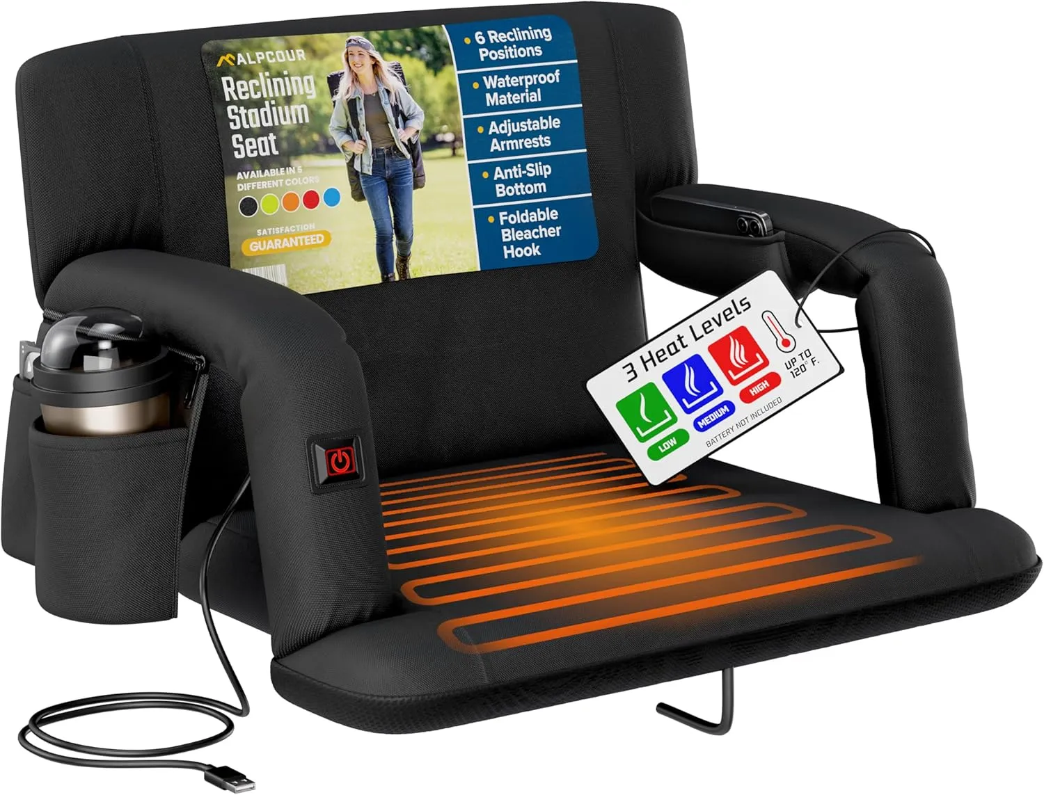 Alpcour Heated Reclining Stadium Seat for Bleachers – Wide Bleacher Chair with Back Support and Cushion, Armrests, Side Pockets, & Hook – Stadium Seats Chairs for Camping, Kayak, Paddle Board & More