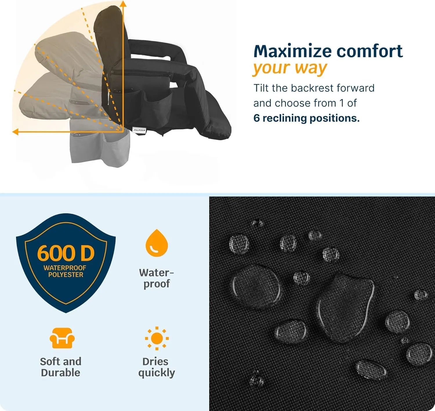Alpcour Heated Reclining Stadium Seat for Bleachers – Wide Bleacher Chair with Back Support and Cushion, Armrests, Side Pockets, & Hook – Stadium Seats Chairs for Camping, Kayak, Paddle Board & More