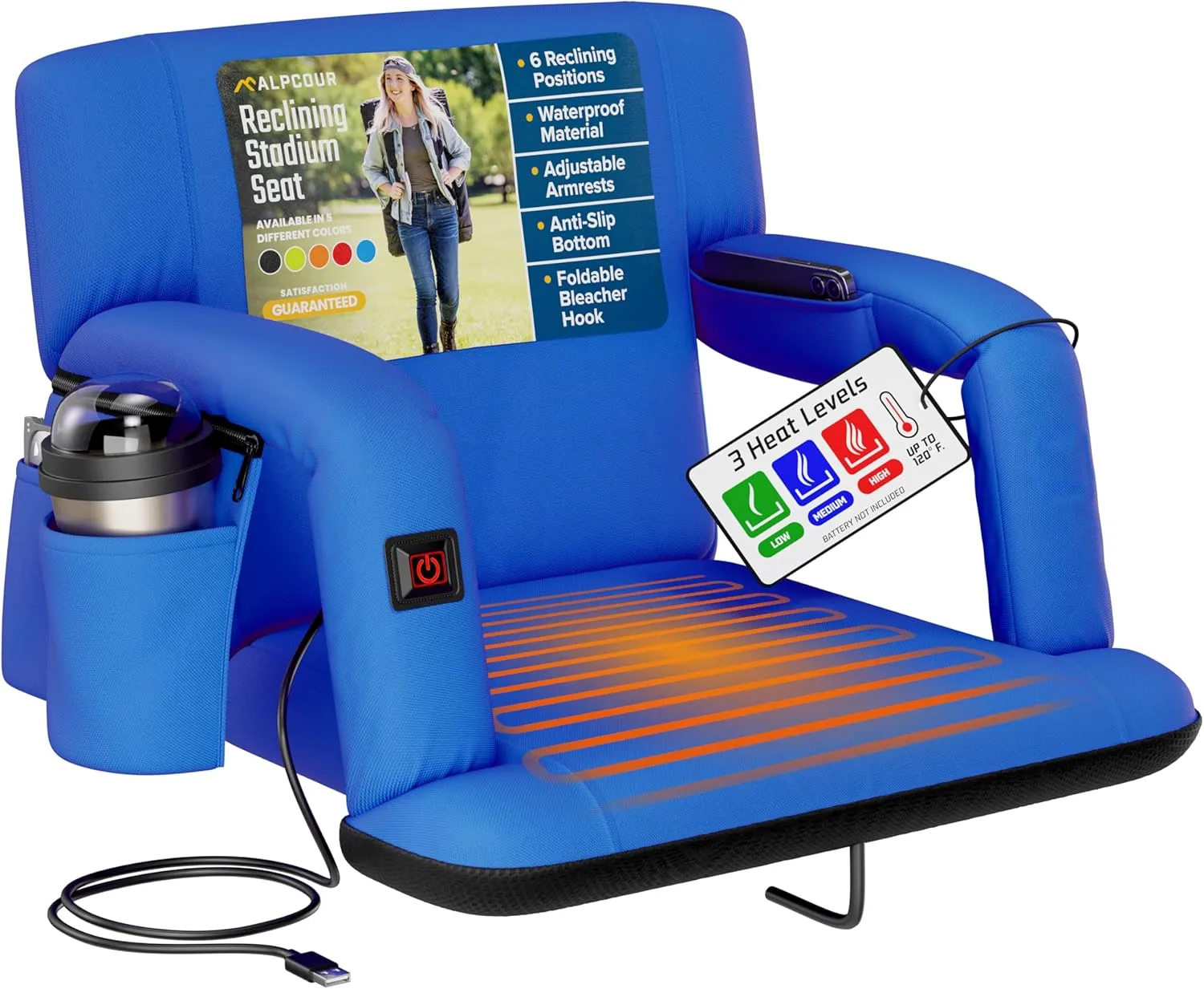 Alpcour Heated Reclining Stadium Seat for Bleachers – Wide Bleacher Chair with Back Support and Cushion, Armrests, Side Pockets, & Hook – Stadium Seats Chairs for Camping, Kayak, Paddle Board & More
