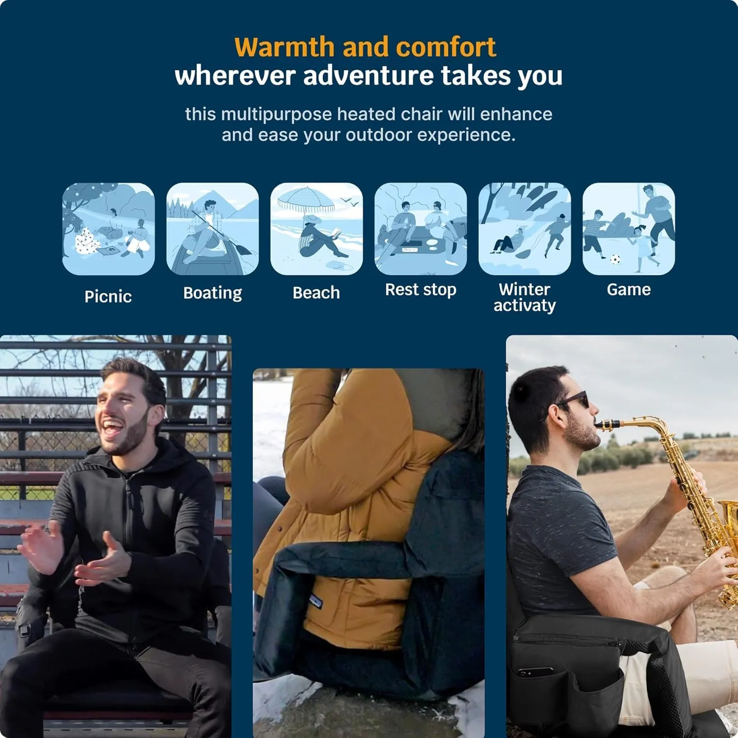 Alpcour Heated Reclining Stadium Seat for Bleachers – Wide Bleacher Chair with Back Support and Cushion, Armrests, Side Pockets, & Hook – Stadium Seats Chairs for Camping, Kayak, Paddle Board & More