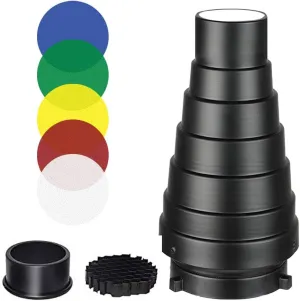 Aluminium Alloy Conical Studio Snoot Kit with Honeycomb Grid and 5pcs Color Filters for Bowens Mount Strobe Moonlights Flash Speedlight Photography Light