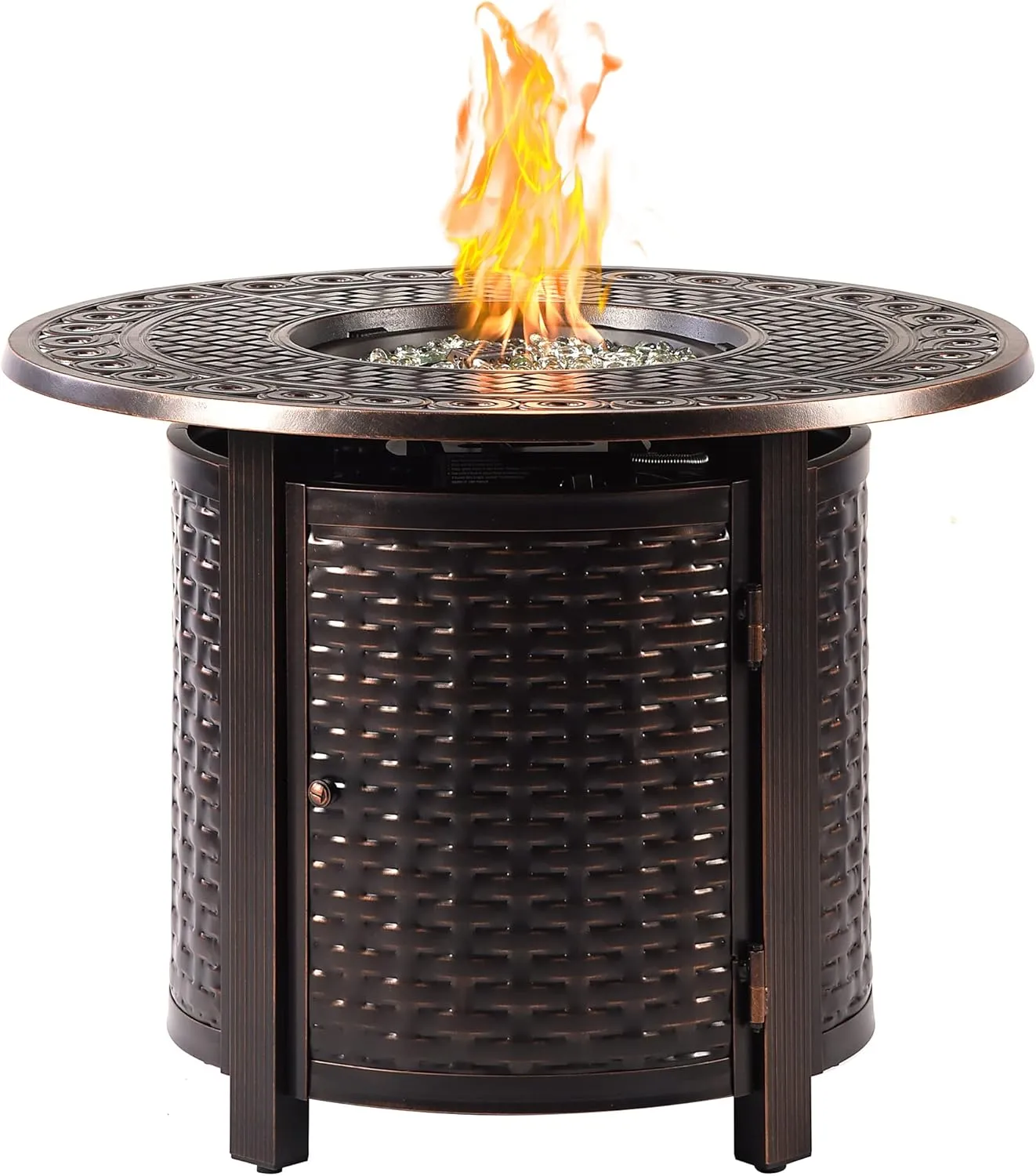 Aluminum 37,0000 BTU 34 in. Round Propane Black Fire Pit Table with Fire Beads, Lid, Propane Tank Cover and Table Fabric Covers in Copper Finish