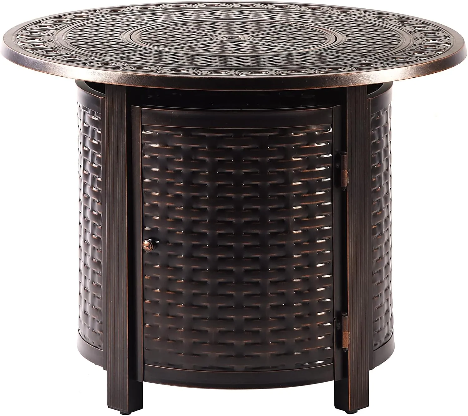 Aluminum 37,0000 BTU 34 in. Round Propane Black Fire Pit Table with Fire Beads, Lid, Propane Tank Cover and Table Fabric Covers in Copper Finish