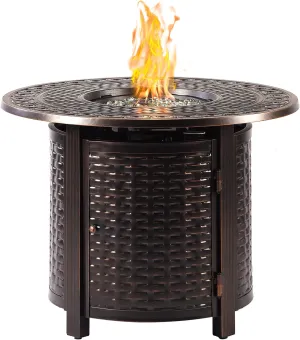 Aluminum 37,0000 BTU 34 in. Round Propane Black Fire Pit Table with Fire Beads, Lid, Propane Tank Cover and Table Fabric Covers in Copper Finish