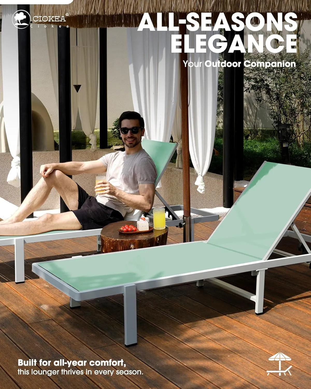 Aluminum Chaise Lounge Chair Outdoor with Wheels, Patio Lounge Chair with Adjustable 5-Position Recliner and Full Flat Tanning Chair for Patio, Beach, Pool, Light Green