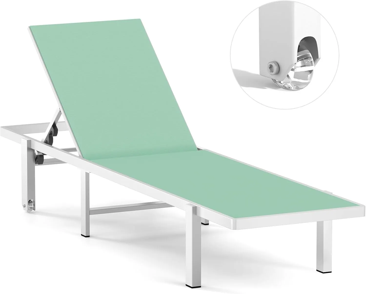 Aluminum Chaise Lounge Chair Outdoor with Wheels, Patio Lounge Chair with Adjustable 5-Position Recliner and Full Flat Tanning Chair for Patio, Beach, Pool, Light Green
