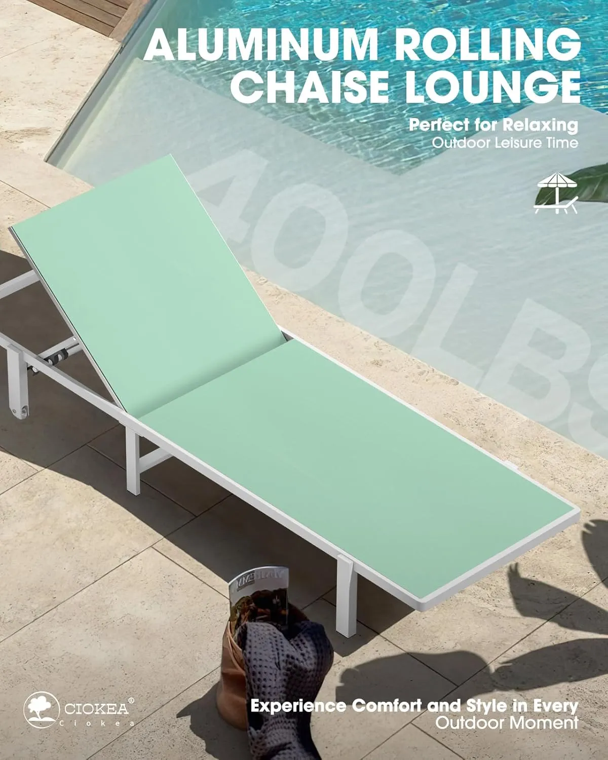 Aluminum Chaise Lounge Chair Outdoor with Wheels, Patio Lounge Chair with Adjustable 5-Position Recliner and Full Flat Tanning Chair for Patio, Beach, Pool, Light Green