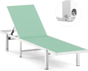 Aluminum Chaise Lounge Chair Outdoor with Wheels, Patio Lounge Chair with Adjustable 5-Position Recliner and Full Flat Tanning Chair for Patio, Beach, Pool, Light Green