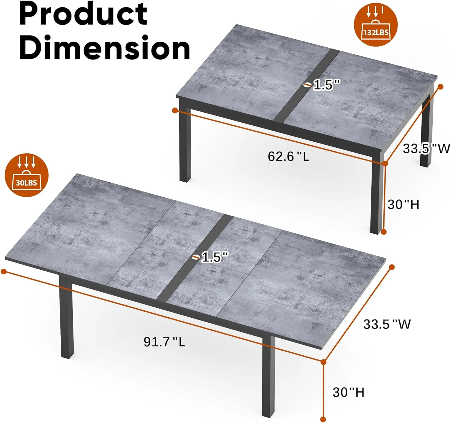 Aluminum Expandable Outdoor Dining Table, 3-Position Extensible Length Patio Dining Table for 6-10 Person, 91.7" L x 33.5" W Stone Plastic Tabletop with Umbrella Hole for Garden Porch Deck, Grey