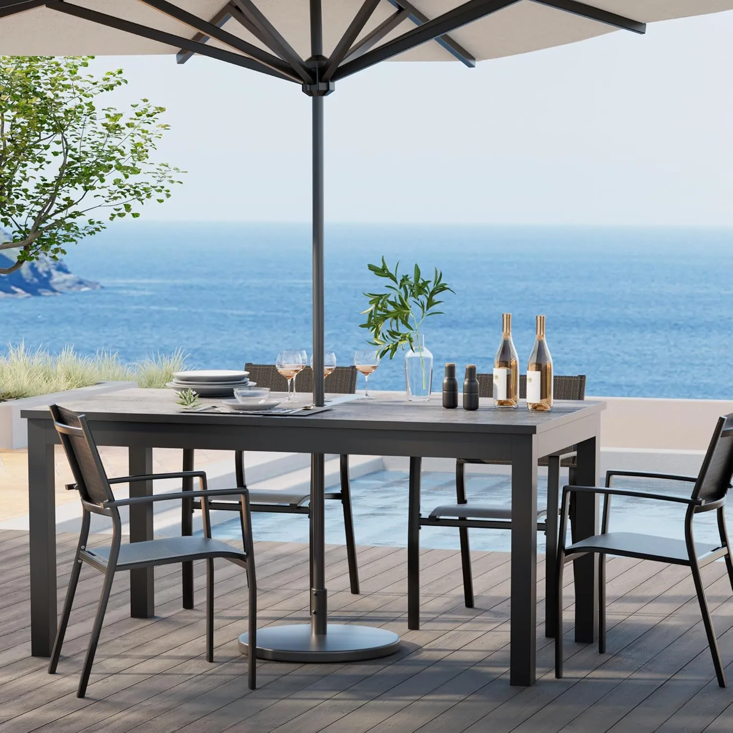 Aluminum Expandable Outdoor Dining Table, 3-Position Extensible Length Patio Dining Table for 6-10 Person, 91.7" L x 33.5" W Stone Plastic Tabletop with Umbrella Hole for Garden Porch Deck, Grey