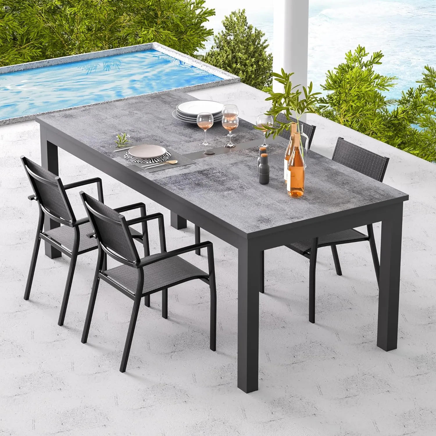 Aluminum Expandable Outdoor Dining Table, 3-Position Extensible Length Patio Dining Table for 6-10 Person, 91.7" L x 33.5" W Stone Plastic Tabletop with Umbrella Hole for Garden Porch Deck, Grey