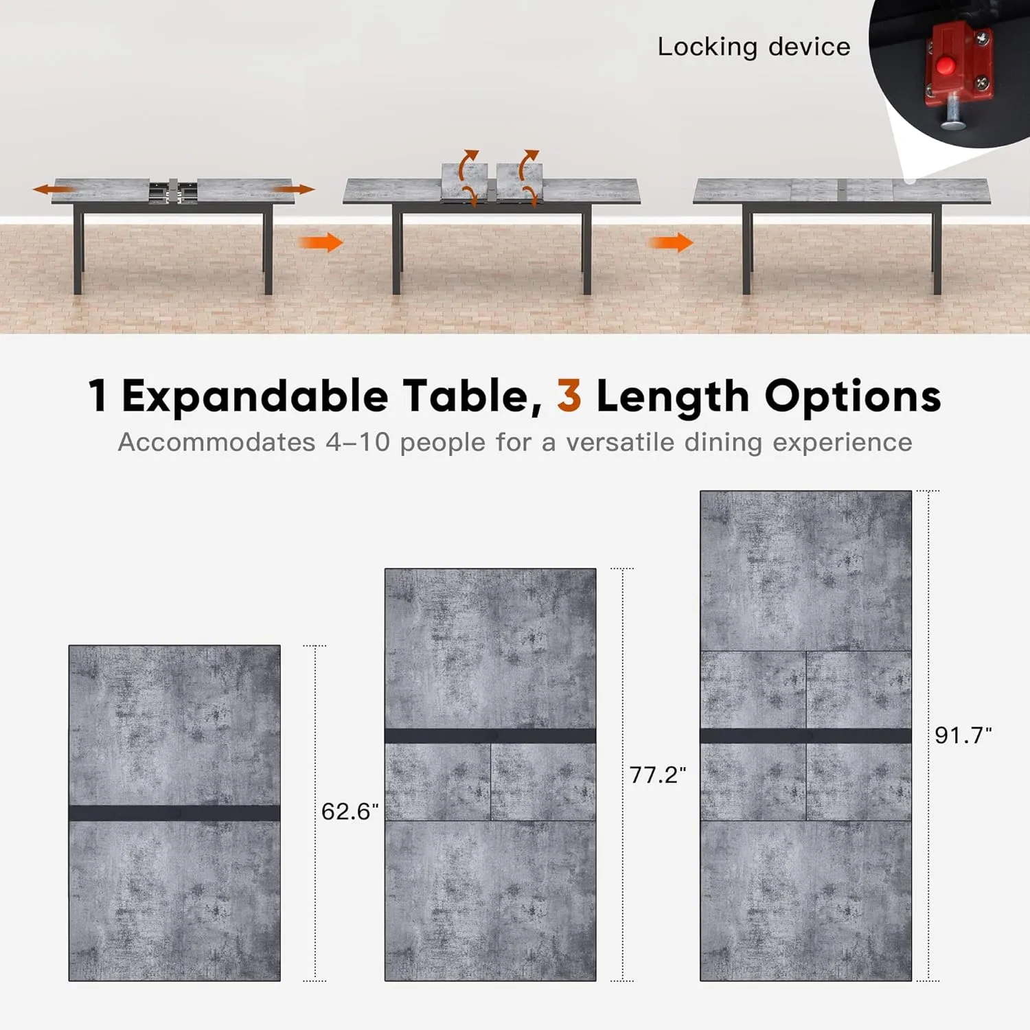 Aluminum Expandable Outdoor Dining Table, 3-Position Extensible Length Patio Dining Table for 6-10 Person, 91.7" L x 33.5" W Stone Plastic Tabletop with Umbrella Hole for Garden Porch Deck, Grey