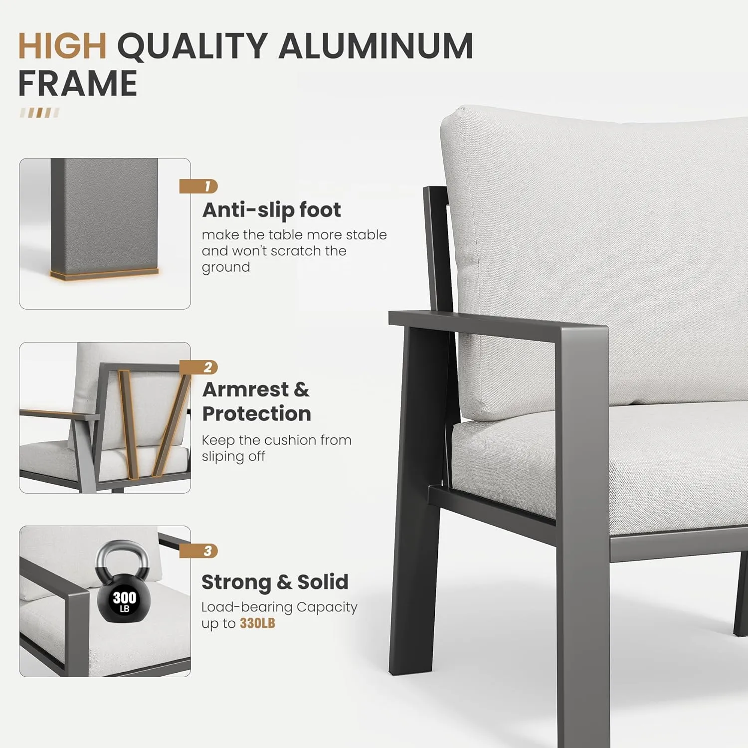 Aluminum Patio Furniture Set with Cushions 5-Piece Outdoor Sectional Metal Conversation Sofa Set with Coffee Table for Garden,Lawn,Backyard,Deck