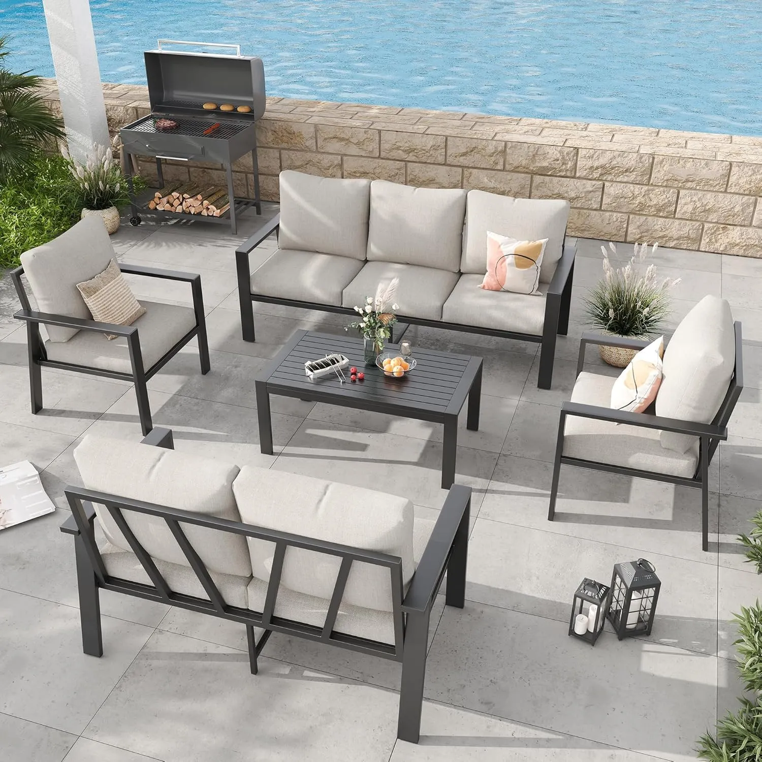 Aluminum Patio Furniture Set with Cushions 5-Piece Outdoor Sectional Metal Conversation Sofa Set with Coffee Table for Garden,Lawn,Backyard,Deck