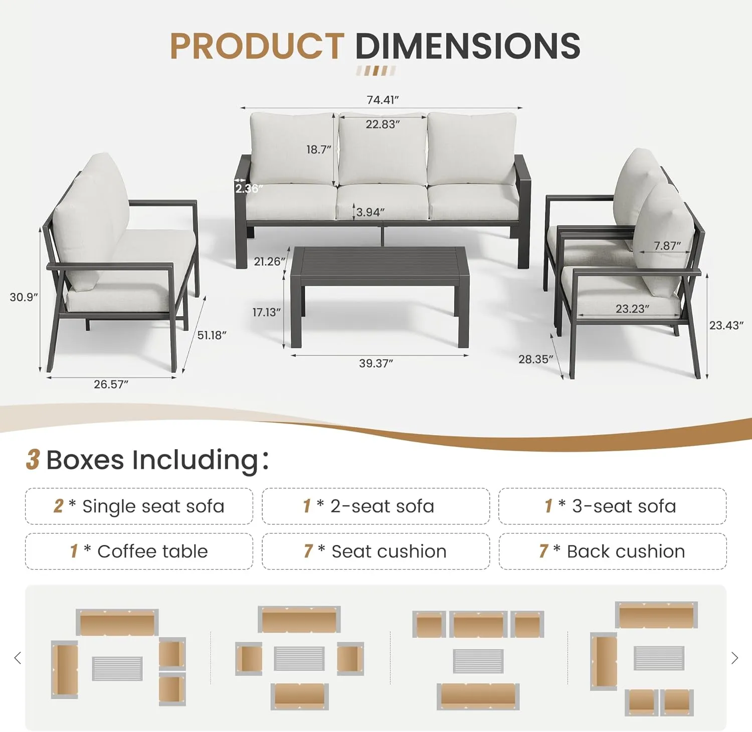 Aluminum Patio Furniture Set with Cushions 5-Piece Outdoor Sectional Metal Conversation Sofa Set with Coffee Table for Garden,Lawn,Backyard,Deck