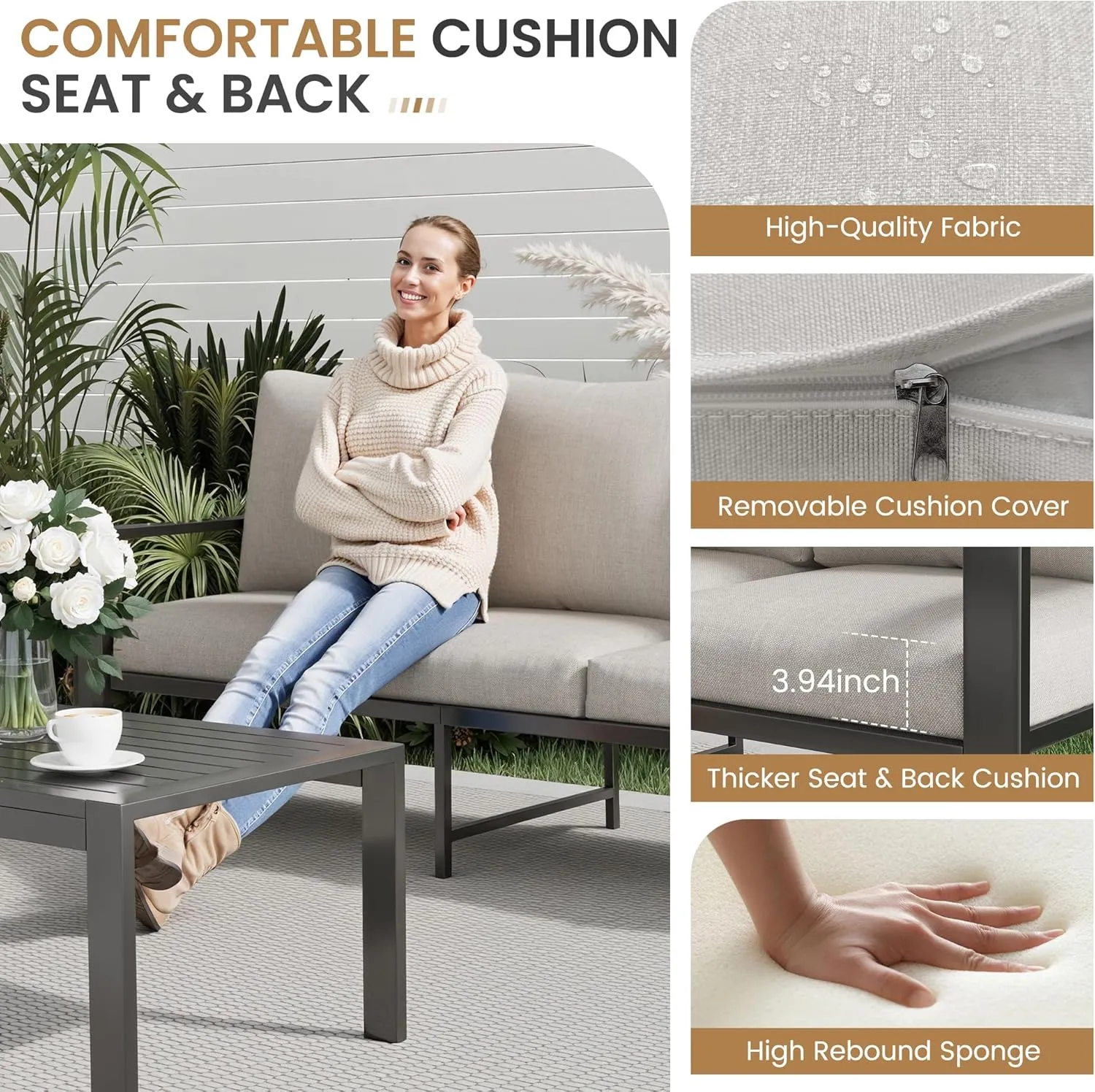 Aluminum Patio Furniture Set with Cushions 5-Piece Outdoor Sectional Metal Conversation Sofa Set with Coffee Table for Garden,Lawn,Backyard,Deck