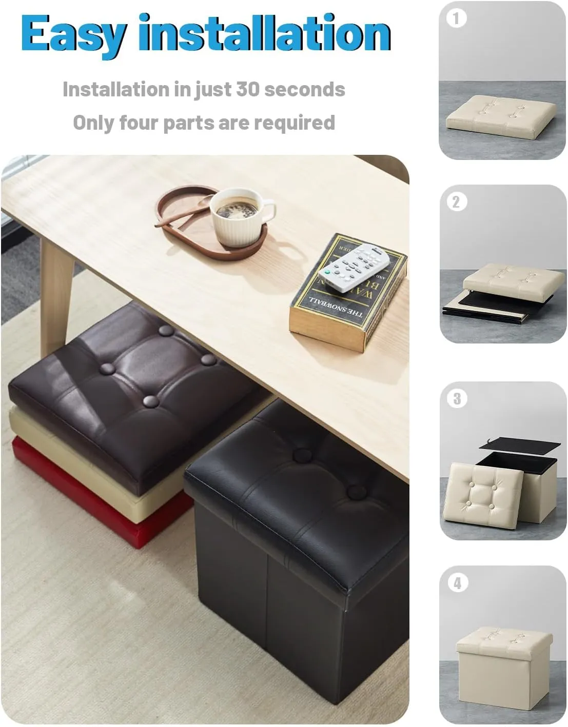 AmasSmile Storage Ottoman Folding Foot Rest Stool, Leather Footstool Bench, Short Ottoman Stool, Storage Foot Rest Store, Books (Beige, 17"*13"*13")